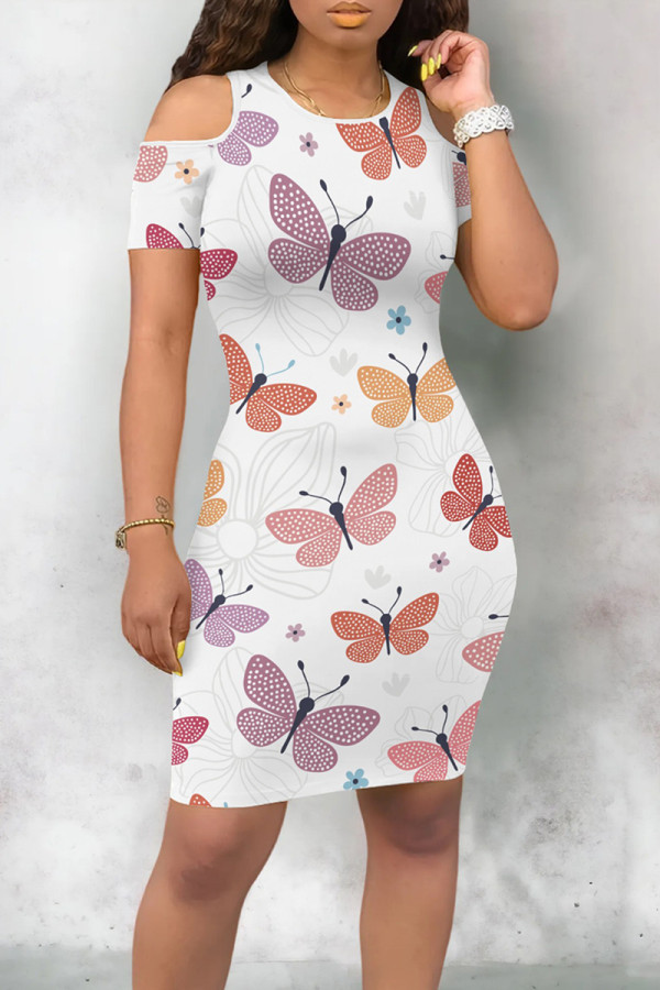 Orange Purple Elegant Butterfly Print Hollowed Out Patchwork O Neck Wrapped Skirt Dresses