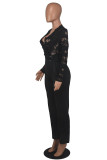 White Casual Solid Lace Patchwork See-through With Belt Zipper V Neck Regular Jumpsuits