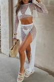 White Sexy Solid Bandage Hollowed Out Patchwork See-through High Opening O Neck Long Sleeve Two Pieces