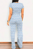 Orange Gray Casual Print Patchwork O Neck Short Sleeve Two Pieces