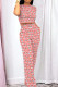 Coral Powder Casual Print Patchwork O Neck Short Sleeve Two Pieces