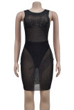 Black Elegant Patchwork See-through Backless Hot Drill Contrast O Neck Wrapped Skirt Dresses