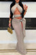 Grey Sexy Solid Hollowed Out Patchwork See-through High Opening Fold Halter Long Dresses