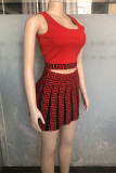 Red Sweet Print Patchwork U Neck Sleeveless Two Pieces