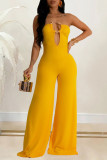 Orange Elegant Solid Hollowed Out Patchwork Strapless Regular Jumpsuits