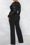 Black Casual Solid Lace Patchwork See-through With Belt Zipper V Neck Regular Jumpsuits
