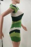 Green Casual Color Block Patchwork Buckle Turndown Collar Skinny Rompers