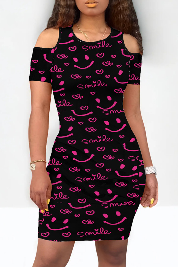 Black Elegant Print Hollowed Out Patchwork O Neck Wrapped Skirt Dresses
