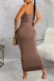 Light Coffee Elegant Solid Hollowed Out Patchwork Backless Asymmetrical Collar Long Dresses