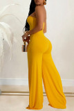 Yellow Elegant Solid Hollowed Out Patchwork Strapless Regular Jumpsuits