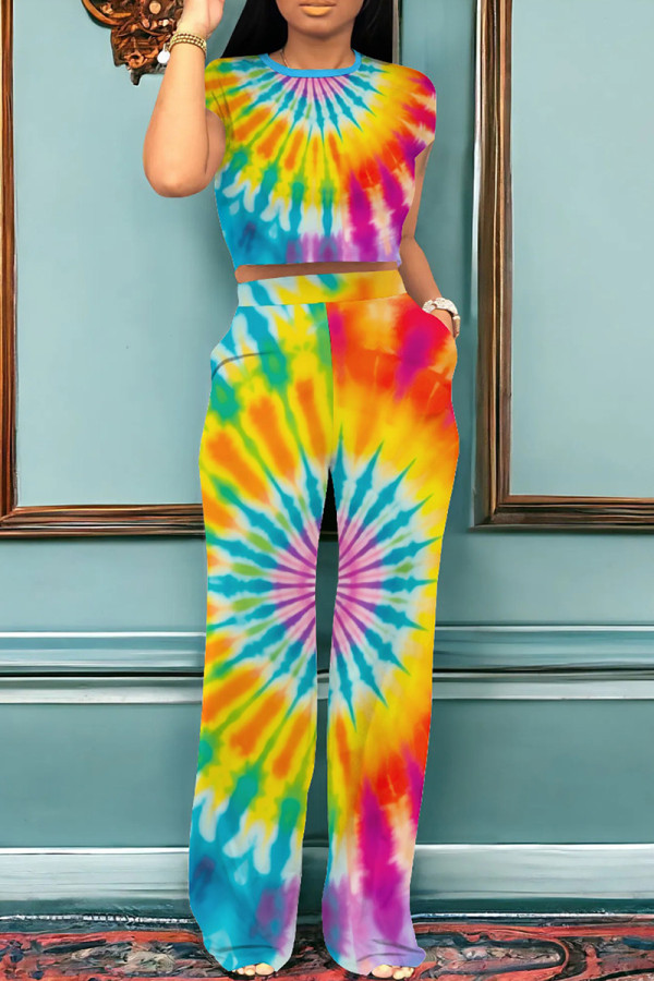 Multicolor Casual Gradient Patchwork Pocket O Neck Short Sleeve Two Pieces