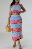 Pink Sweet Striped Bandage Hollowed Out Patchwork Backless Halter Sleeveless Two Pieces