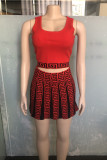 Red Sweet Print Patchwork U Neck Sleeveless Two Pieces