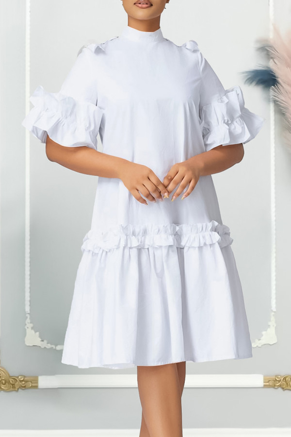 White Elegant Solid Patchwork Stringy Selvedge Mandarin Collar A Line Dresses