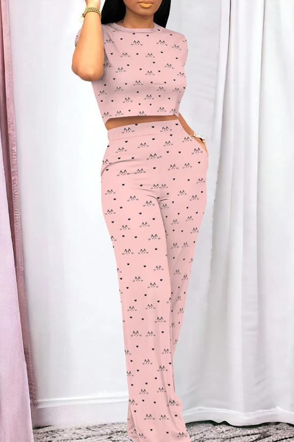 Pink Casual Print Patchwork O Neck Short Sleeve Two Pieces