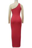 Pink Elegant Solid Hollowed Out Patchwork Backless Asymmetrical Collar Long Dresses