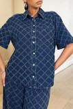 Blue Street Plaid Patchwork Buttons Zipper Turndown Collar Half Sleeve Two Pieces