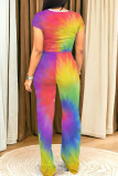 Gradient Color Street Gradient Patchwork Pocket O Neck Short Sleeve Two Pieces