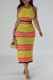 Yellow Sweet Striped Bandage Hollowed Out Patchwork Backless Halter Sleeveless Two Pieces