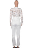 White Casual Solid Lace Patchwork See-through With Belt Zipper V Neck Regular Jumpsuits