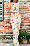 White Casual Print Patchwork Pocket O Neck Short Sleeve Two Pieces