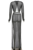 White Sexy Solid Bandage Hollowed Out Patchwork See-through High Opening O Neck Long Sleeve Two Pieces