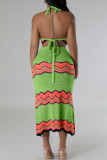 Green Sweet Striped Bandage Hollowed Out Patchwork Backless Halter Sleeveless Two Pieces