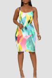 Multicolor Casual Print Patchwork Backless Spaghetti Strap Sling Dresses