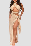 Red Sexy Solid Hollowed Out Patchwork See-through High Opening Fold Halter Long Dresses