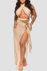 Apricot Sexy Solid Hollowed Out Patchwork See-through High Opening Fold Halter Long Dresses