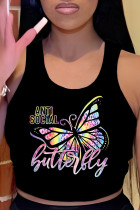 Black Street Print Patchwork O Neck Tops