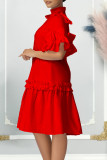 Red Elegant Solid Patchwork Stringy Selvedge Mandarin Collar A Line Dresses