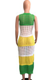 Green Elegant Color Block Hollowed Out Patchwork Slit O Neck Long Dresses