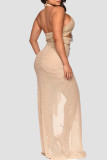 Apricot Sexy Solid Hollowed Out Patchwork See-through High Opening Fold Halter Long Dresses