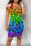 Green Orange Elegant Butterfly Print Hollowed Out Patchwork O Neck Wrapped Skirt Dresses
