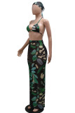 Apricot Casual Print Bandage Patchwork Backless Halter Sleeveless Three Pieces(With A Hat)