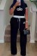 Black Casual Print Letter O Neck Short Sleeve Two Pieces