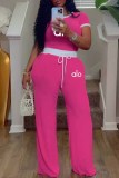 Rose Red Casual Print Letter O Neck Short Sleeve Two Pieces