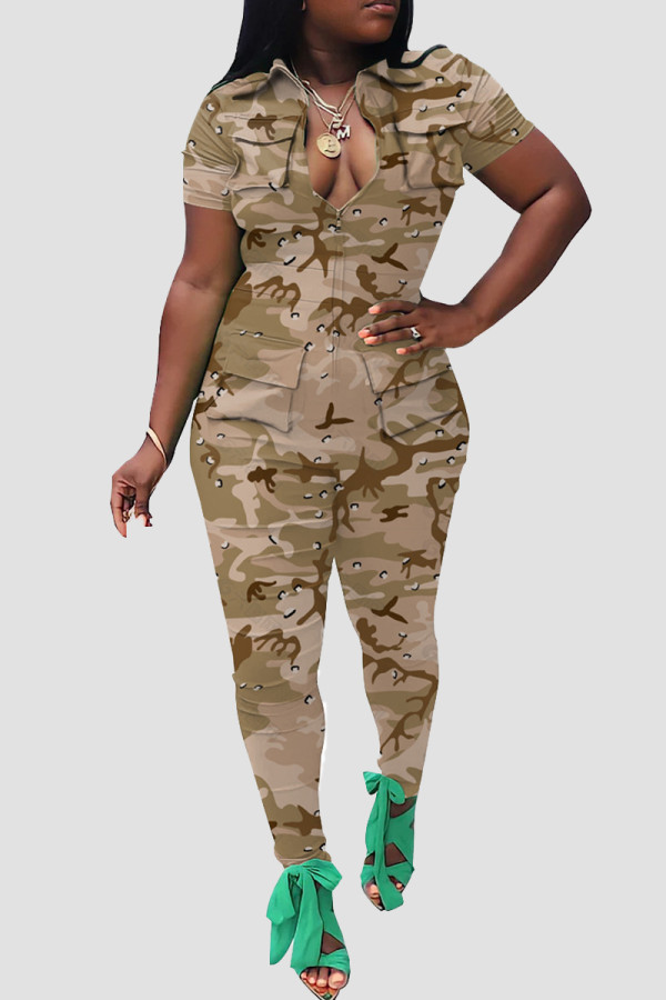Khaki Street Camouflage Print Patchwork Pocket Zipper Zipper Collar Skinny Jumpsuits
