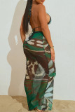 Green Casual Print Bandage Patchwork Backless Halter Sleeveless Three Pieces(With A Hat)
