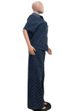 Blue Street Plaid Patchwork Buttons Zipper Turndown Collar Half Sleeve Two Pieces