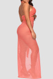 Pink Sexy Solid Hollowed Out Patchwork See-through High Opening Fold Halter Long Dresses