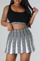 Black Sweet Print Patchwork U Neck Sleeveless Two Pieces