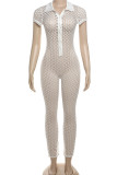 White Street Solid Hollowed Out Patchwork Buckle V Neck Skinny Jumpsuits