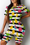 White Casual Print Patchwork O Neck Short Sleeve Two Pieces