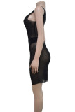 Apricot Elegant Patchwork See-through Backless Hot Drill Contrast O Neck Wrapped Skirt Dresses