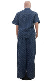 Blue Street Plaid Patchwork Buttons Zipper Turndown Collar Half Sleeve Two Pieces