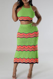 Green Sweet Striped Bandage Hollowed Out Patchwork Backless Halter Sleeveless Two Pieces