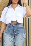 Black Casual Solid Patchwork Pocket Buckle Shirt Collar Tops