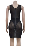 Apricot Elegant Patchwork See-through Backless Hot Drill Contrast O Neck Wrapped Skirt Dresses